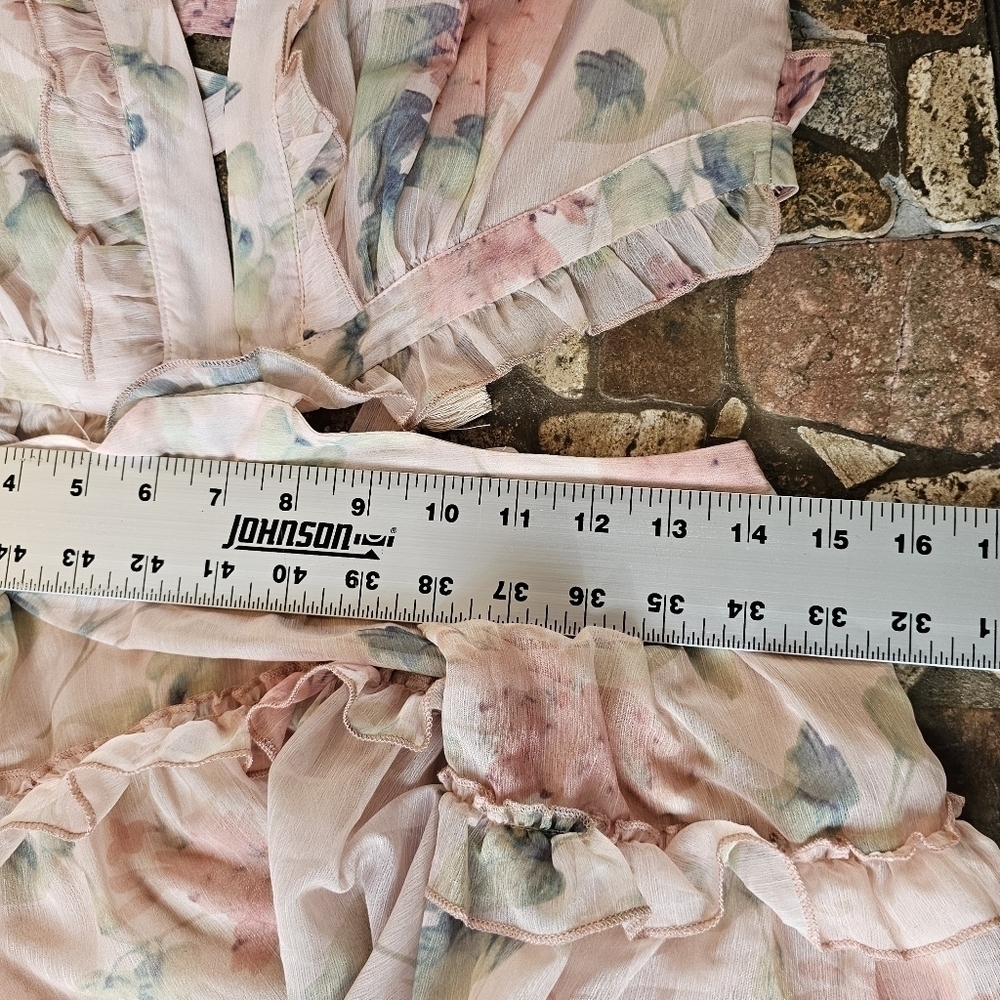 Ruffle Trim Lace-up back Floral Print Deep V-neck Waist Cutout, Size Medium - Picture 9 of 11